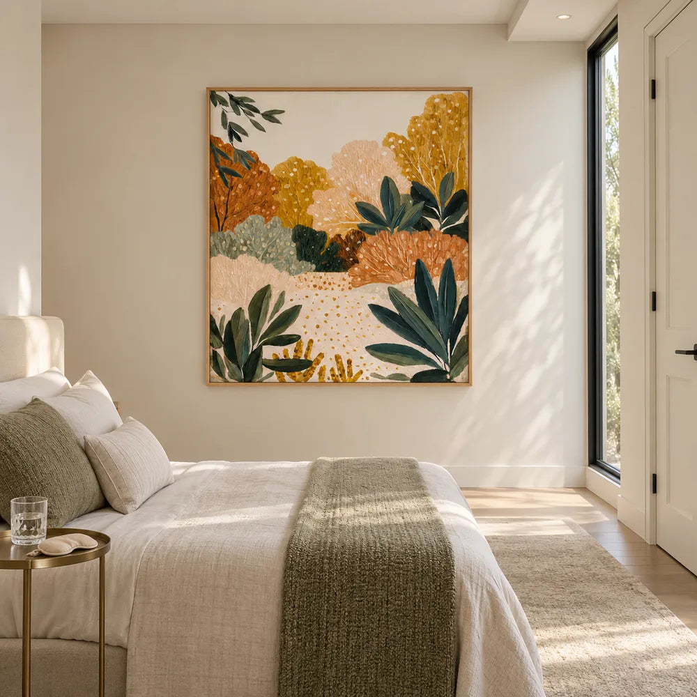 Cream and Ochre Hand-Painted Oil Painting, Stylized Garden Foliage #UATDX9Y6