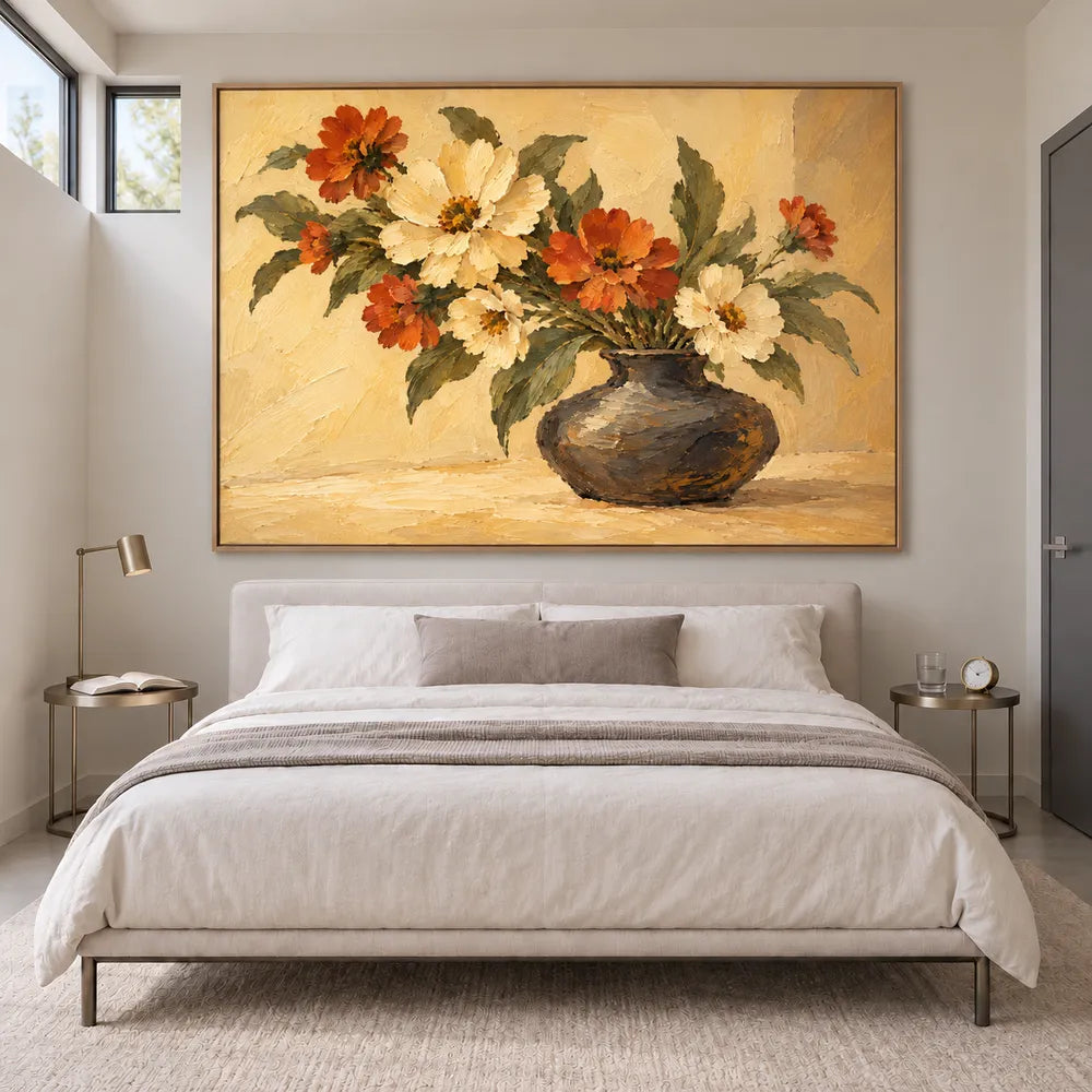 Yellow Hand-Painted Oil Painting, Cream and Orange Floral Bouquet #8FD36JJN