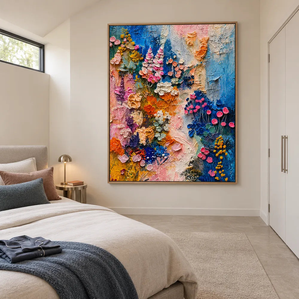 Blue and Pink Hand-Painted Oil Painting, Expressive Floral Abstract #SPCZIUW7