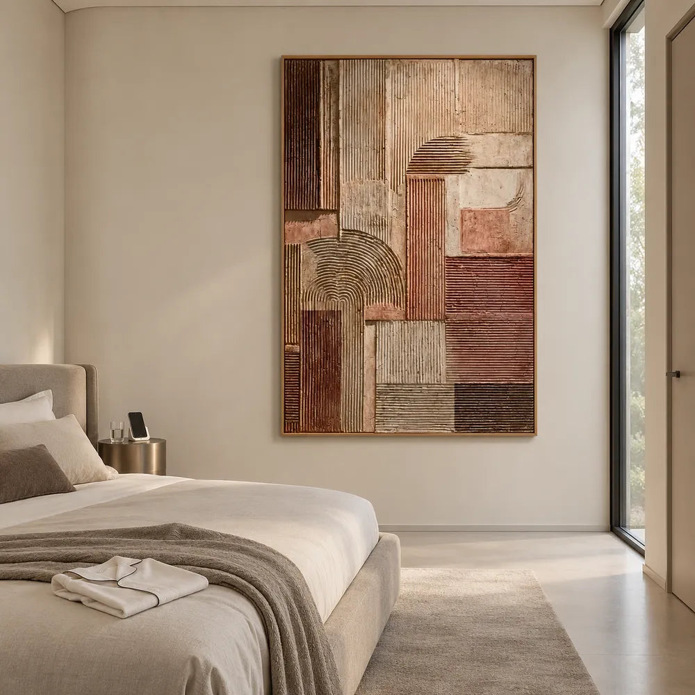 Brown and Beige Hand-Painted Oil Painting, Geometric Arches and Linear Blocks #SOT3Y088