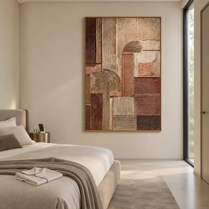 Brown and Beige Hand-Painted Oil Painting, Geometric Arches and Linear Blocks #SOT3Y088