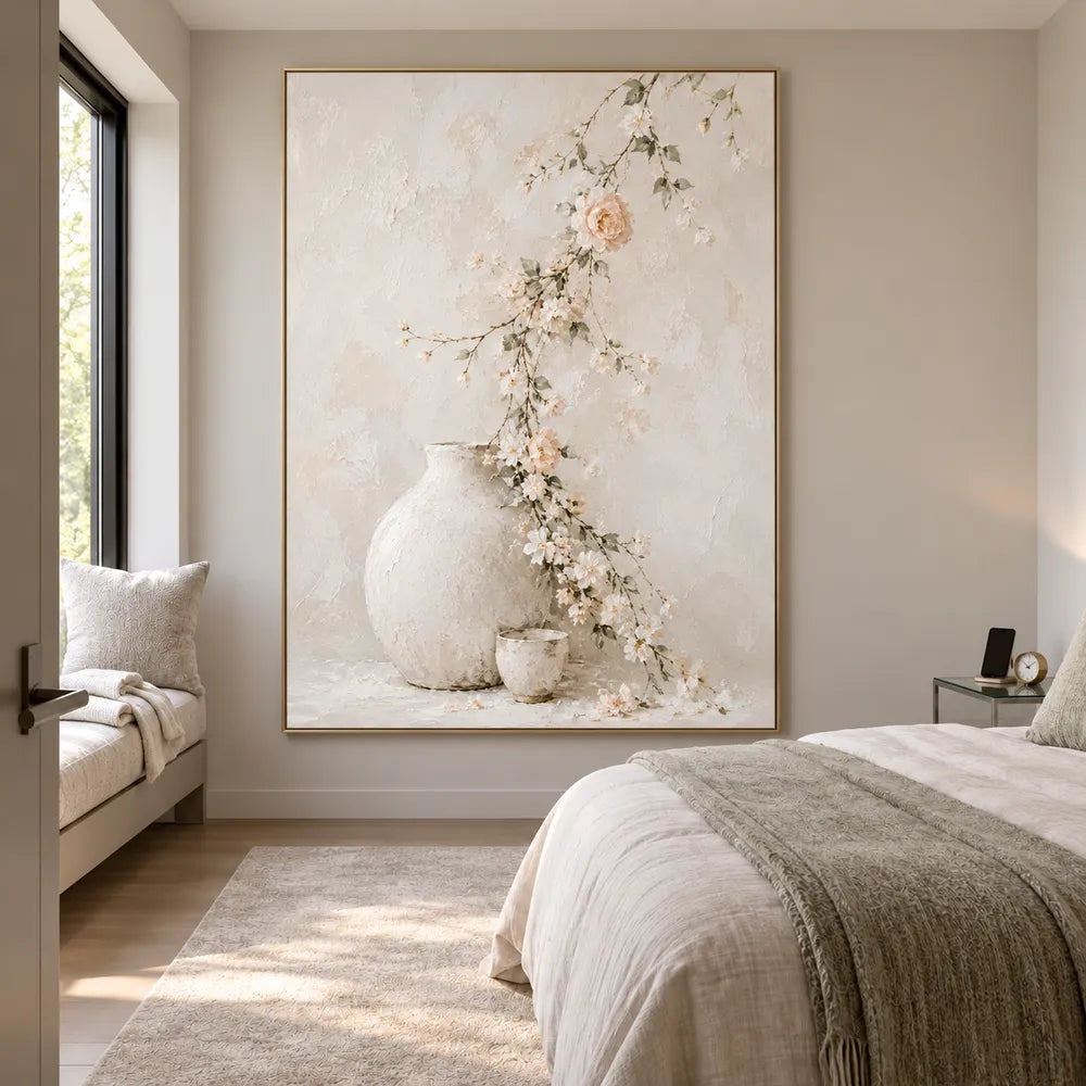 Ivory Hand-Painted Oil Painting, Trailing Blossoms and Pale Vessels #5LFVTUHO