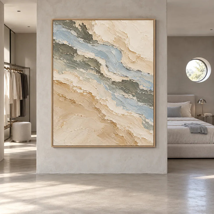 Beige Hand-Painted Oil Painting, Blue-Gray Bands in a Vertical Abstract #4AQDKY69