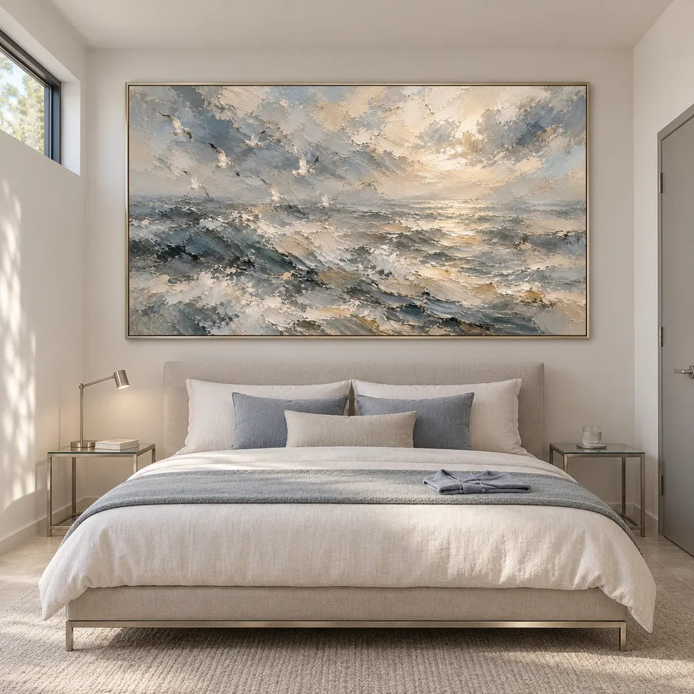 Blue-Gray Hand-Painted Oil Painting, Breaking Waves and Open Sky #KJ75TCEM