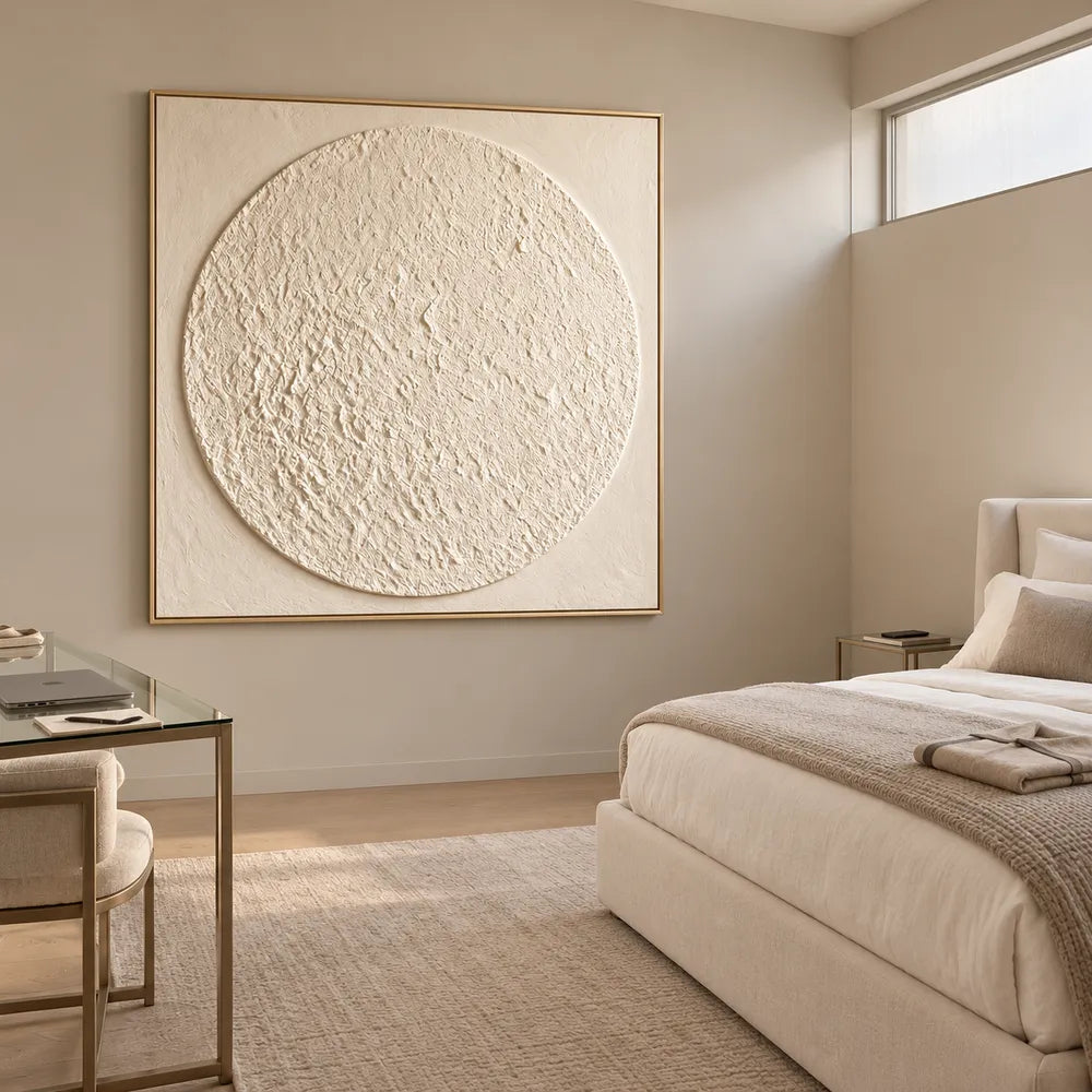 Ivory Hand-Painted 3D Textured Oil Painting, Textured Circle Abstract #GFK55X3M