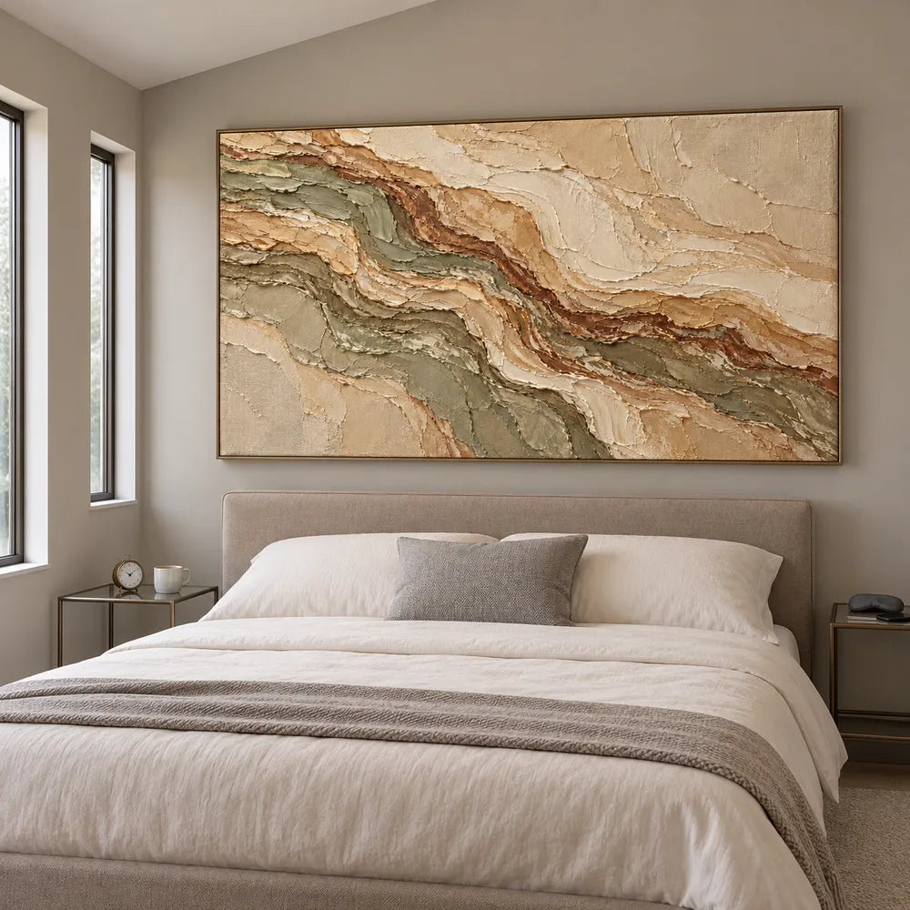 Earth-Tone Hand-Painted 3D Textured Oil Painting, Olive and Brown Strata #CZ83GDFB