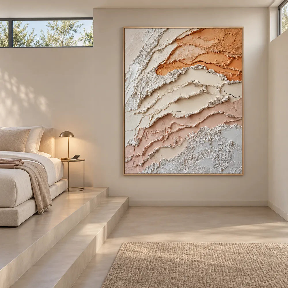 Ivory and Peach Hand-Painted 3D Textured Oil Painting, Layered Organic Abstract #QOJT9JV1