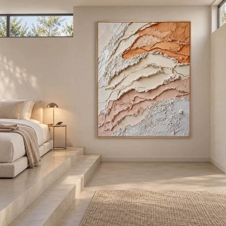 Ivory and Peach Hand-Painted 3D Textured Oil Painting, Layered Organic Abstract #QOJT9JV1