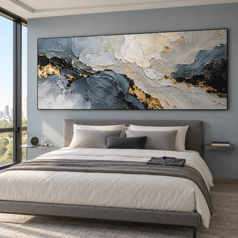Gray Hand-Painted 3D Textured Oil Painting, Dark Layers and Gold Tones #X6RDSFYU