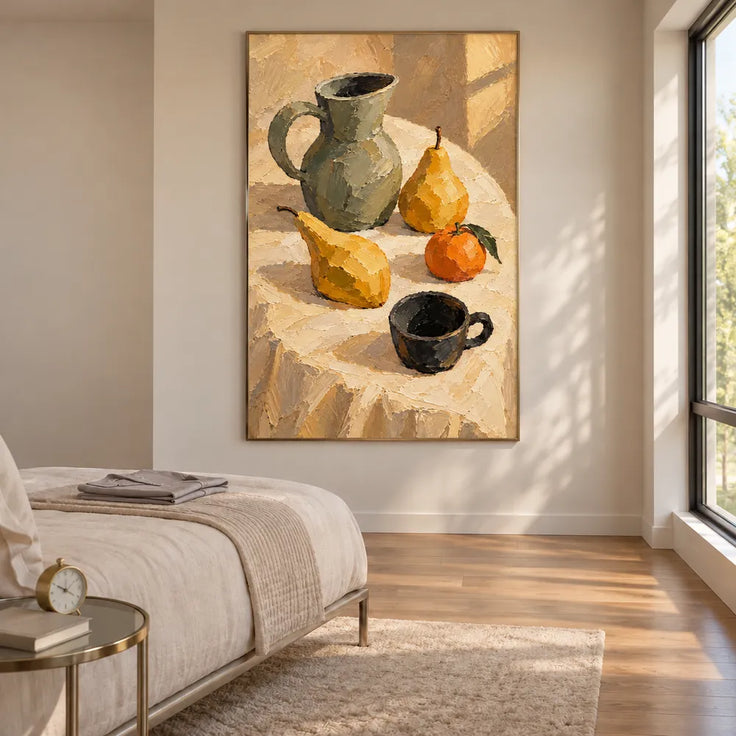 Yellow Hand-Painted Oil Painting, Pears and a Green Pitcher in Sunlight #D50B9HBJ