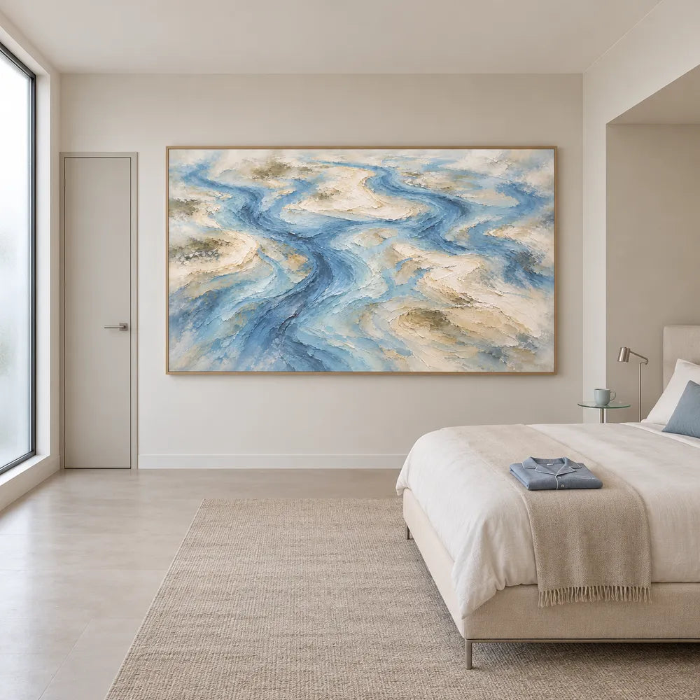 Blue Hand-Painted Oil Painting, Winding Channels and Pale Banks #B0XLQNVH