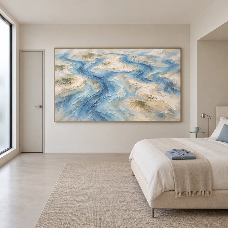 Blue Hand-Painted Oil Painting, Winding Channels and Pale Banks #B0XLQNVH