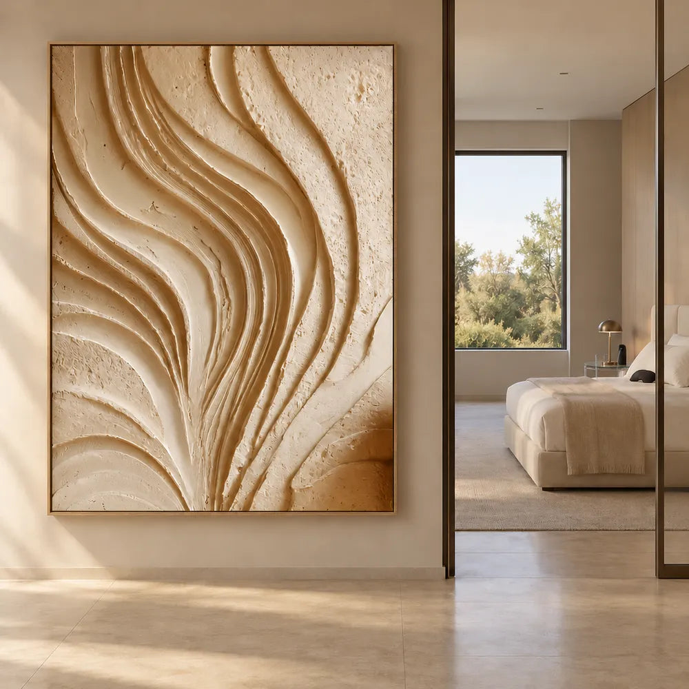 Cream Hand-Painted 3D Textured Oil Painting, Flowing Ribbon Abstract #3SILN1UH