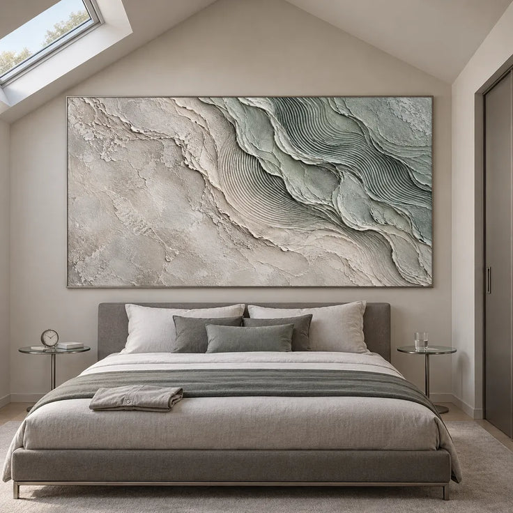 Sage and White Hand-Painted Oil Painting, Flowing Fine-Line Contours #HX2DO6GI
