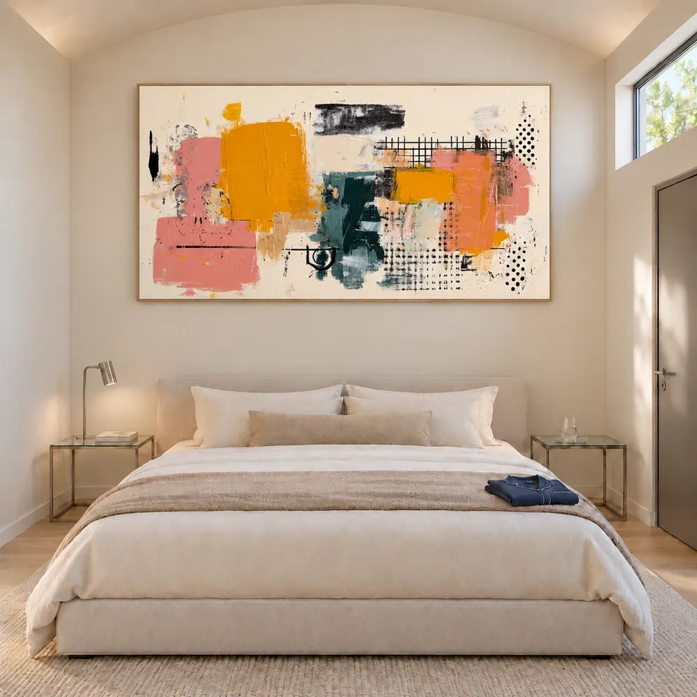 Mustard and Pink Hand-Painted Oil Painting, Graphic Abstract #05NDDBLI