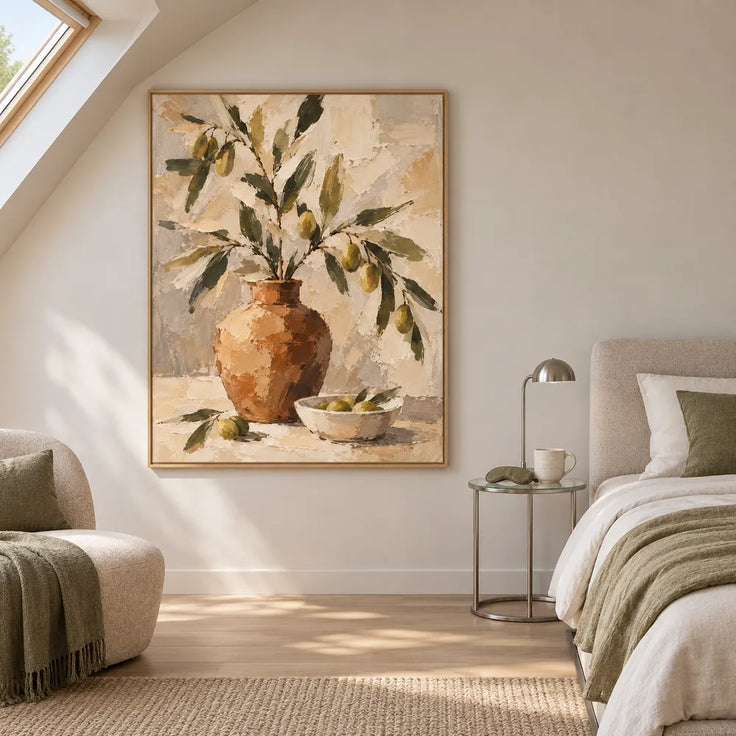 Earth-Tone Hand-Painted Oil Painting, Fruiting Branches in an Ochre Vase #U8CNUSTV