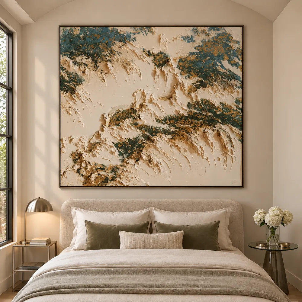Cream and Deep Green Hand-Painted Oil Painting, Organic Abstract Forms #R1E3GSYK