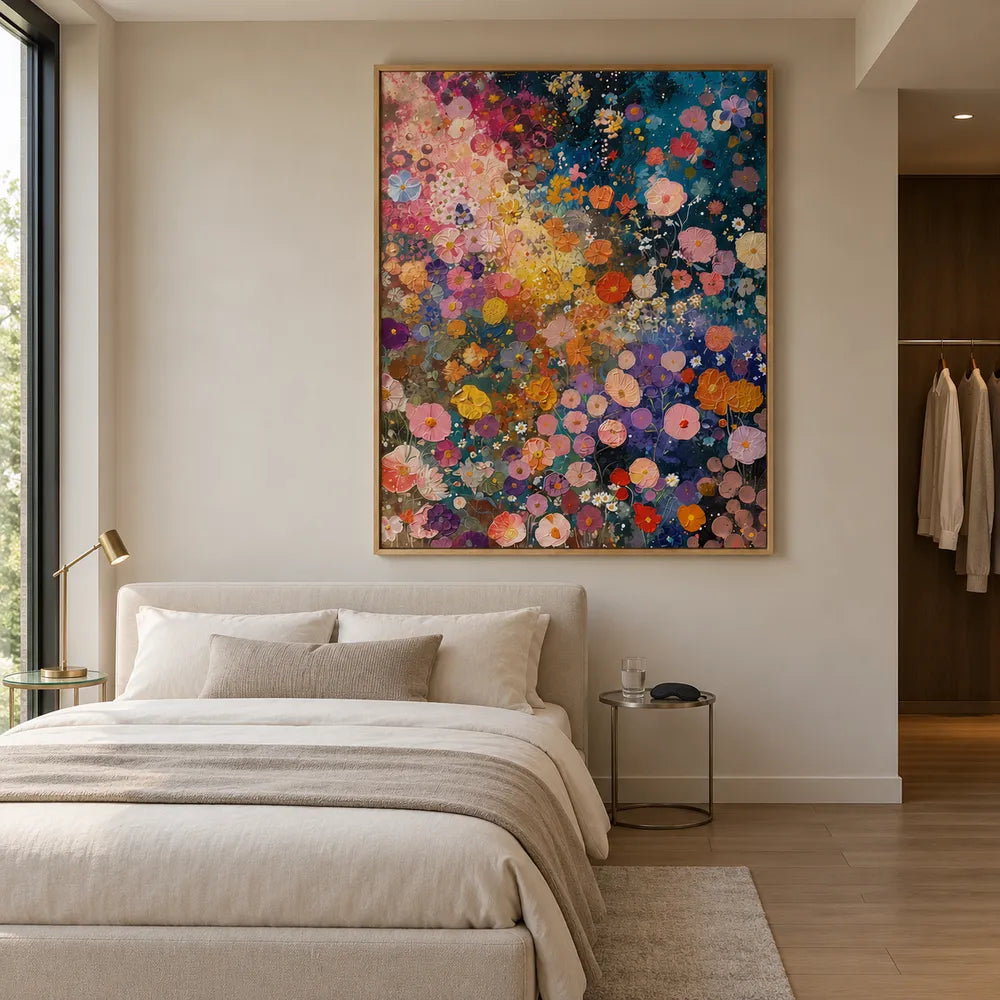 Deep Blue and Pink Hand-Painted Oil Painting, Colorful Flower Meadow #PG0DH31L