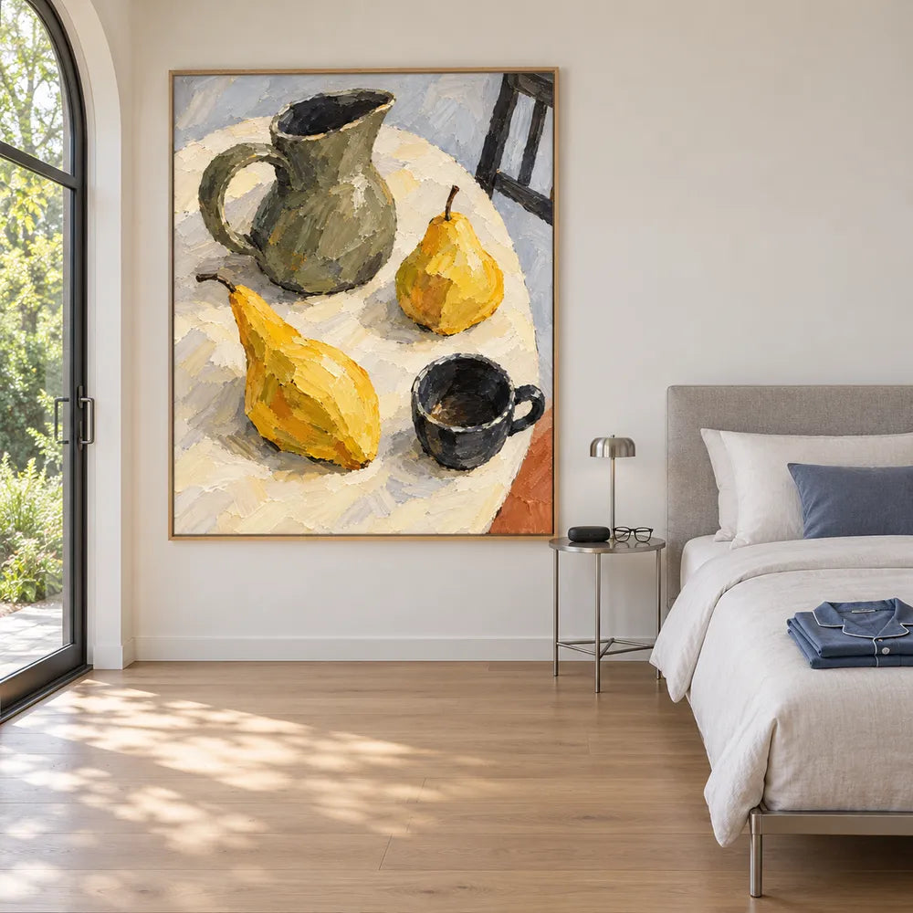 Yellow Hand-Painted Oil Painting, Two Pears with a Green Pitcher #O1ILENI2