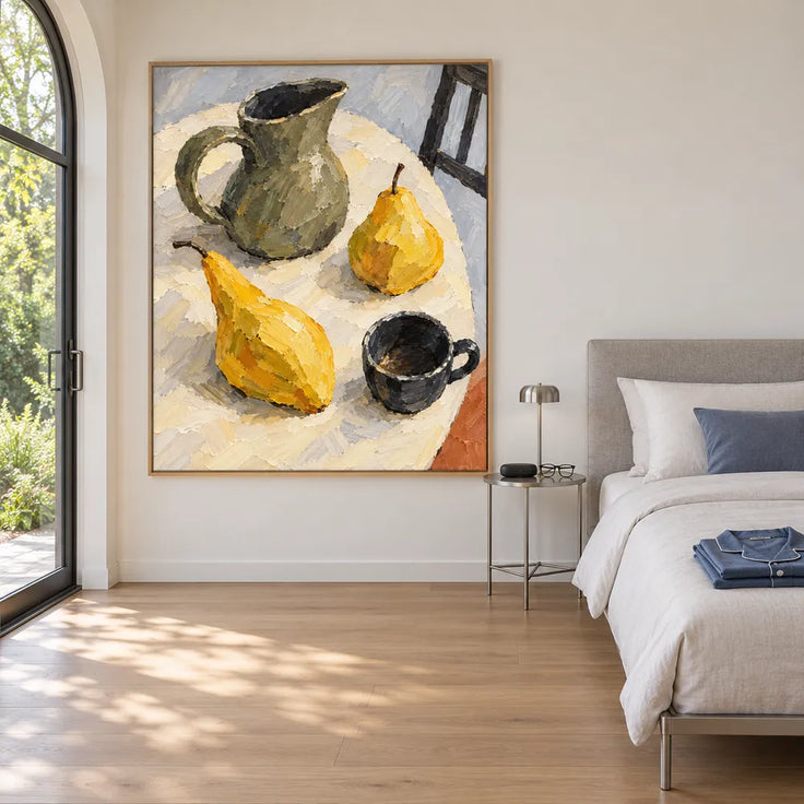 Yellow Hand-Painted Oil Painting, Two Pears with a Green Pitcher #O1ILENI2
