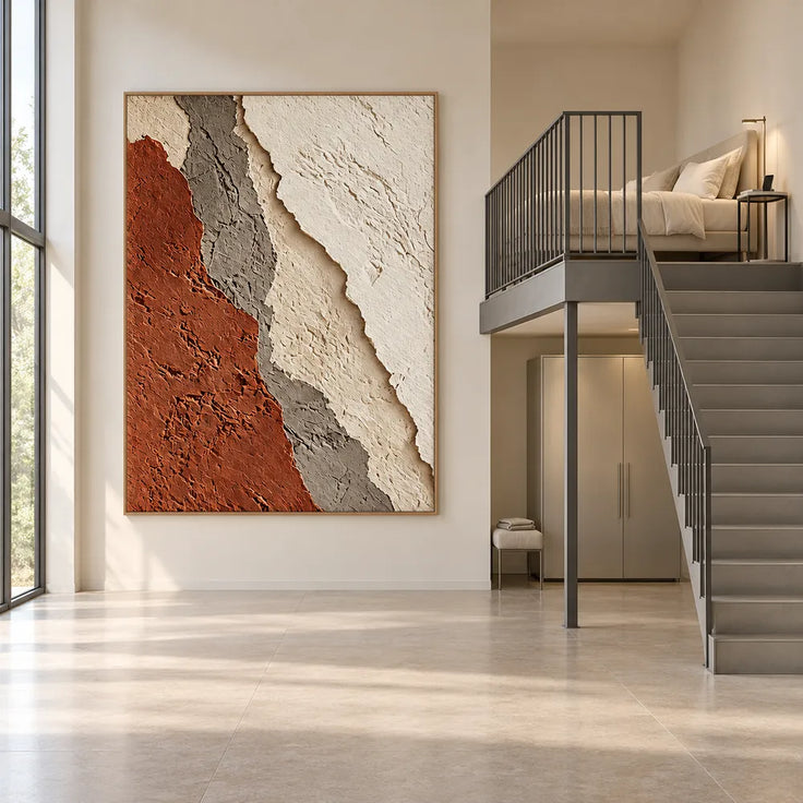 Ivory and Rust Hand-Painted 3D Textured Oil Painting, Diagonal Layered Abstract #6XM3ALEN