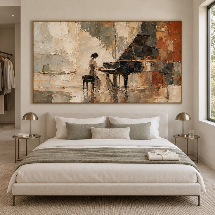 Earth-Tone Hand-Painted Oil Painting, Pianist at a Grand Piano #AQ4V2RU3