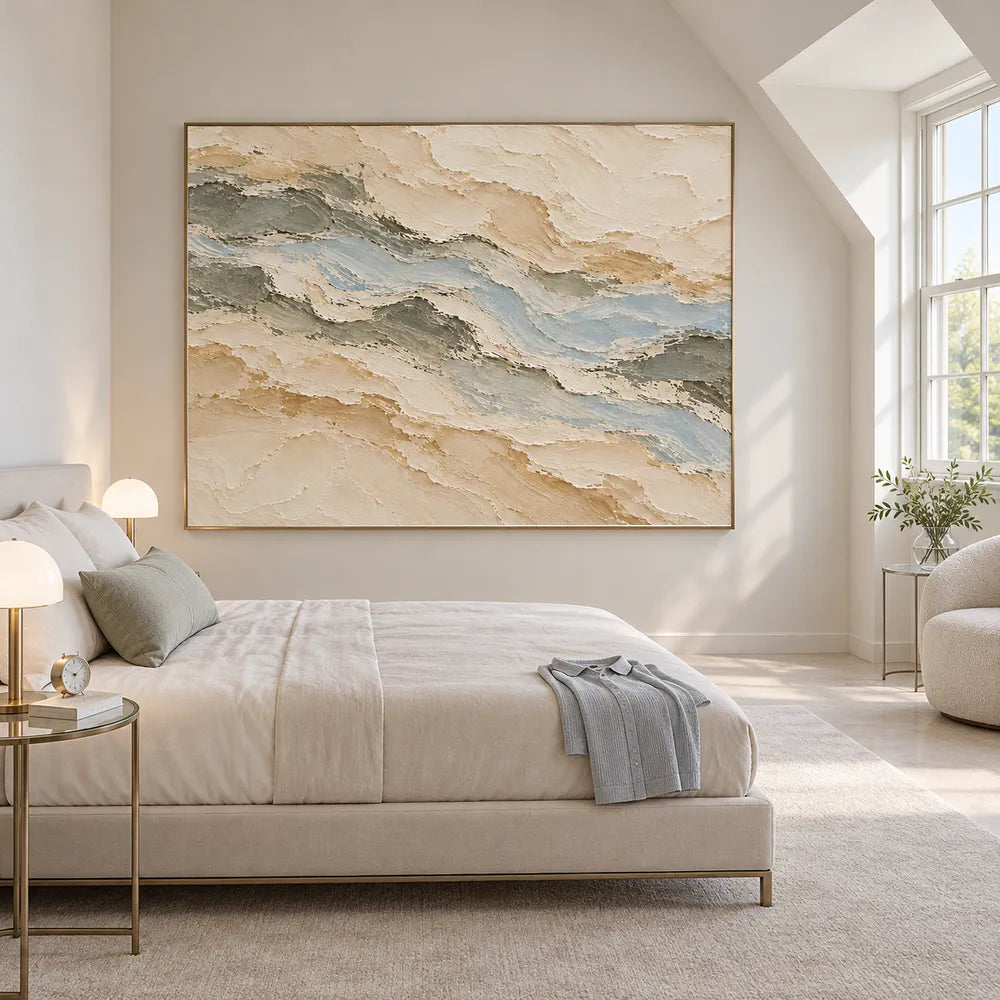 Beige Hand-Painted Oil Painting, Pale Layered Abstract with Blue Gray #3M9L7HZQ