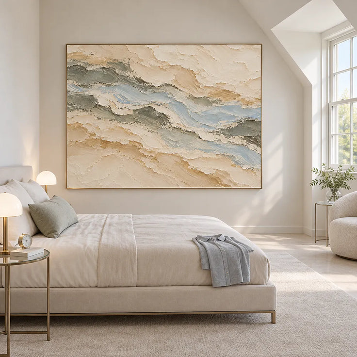 Beige Hand-Painted Oil Painting, Pale Layered Abstract with Blue Gray #3M9L7HZQ