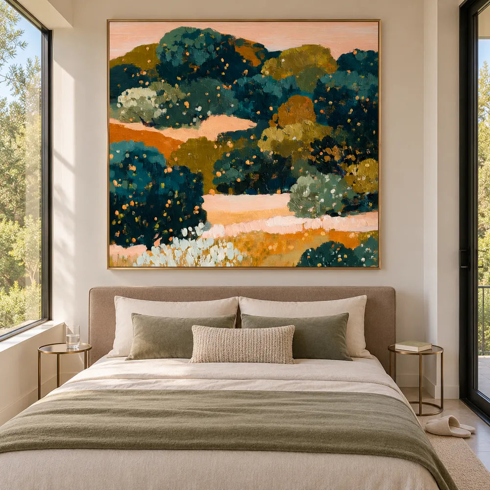 Deep Green and Ochre Hand-Painted Oil Painting, Abstract Garden Landscape #SBRV3BHR