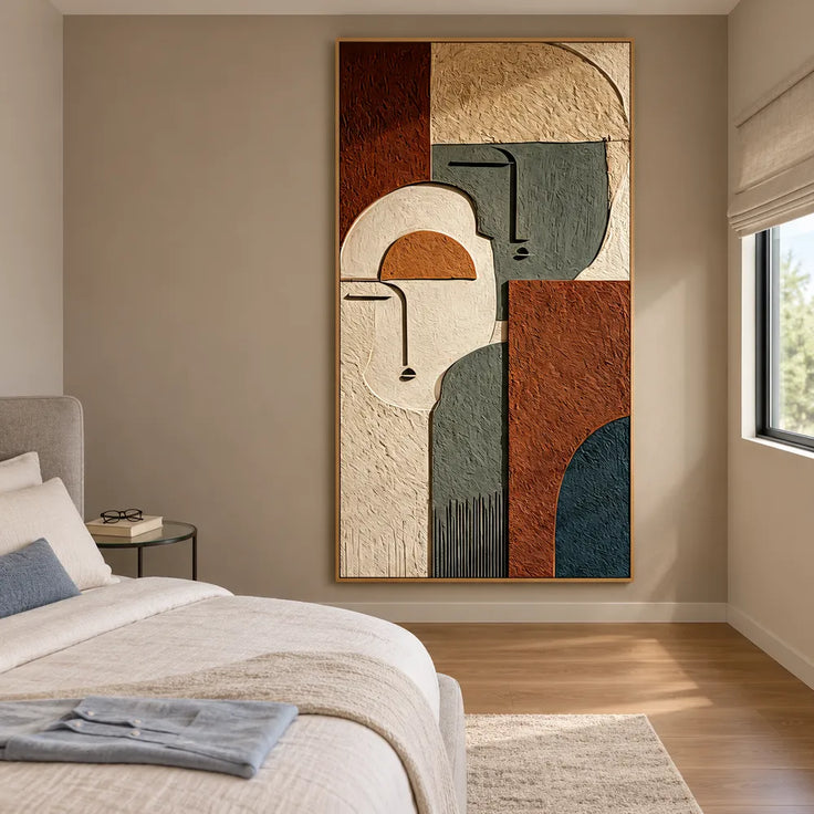 Earth-Tone Hand-Painted 3D Textured Oil Painting, Two Geometric Faces #CIED8WA9
