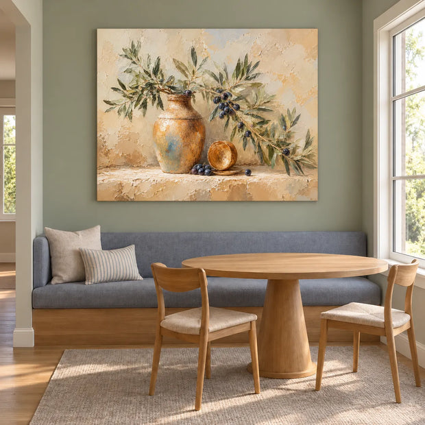 Beige Cream Hand-Painted Oil Painting, Olive Branch and Ochre Vase Still Life #S1874KPC