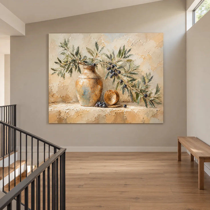 Beige Cream Hand-Painted Oil Painting, Olive Branch and Ochre Vase Still Life #S1874KPC