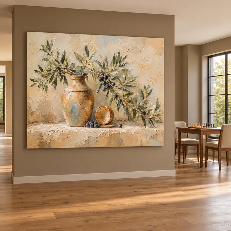 Beige Cream Hand-Painted Oil Painting, Olive Branch and Ochre Vase Still Life #S1874KPC