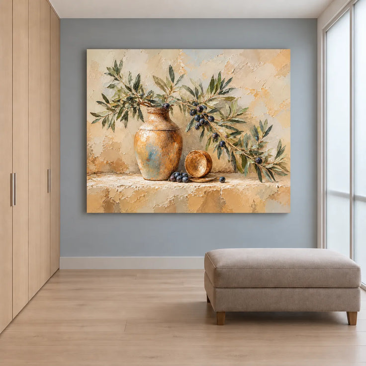 Beige Cream Hand-Painted Oil Painting, Olive Branch and Ochre Vase Still Life #S1874KPC