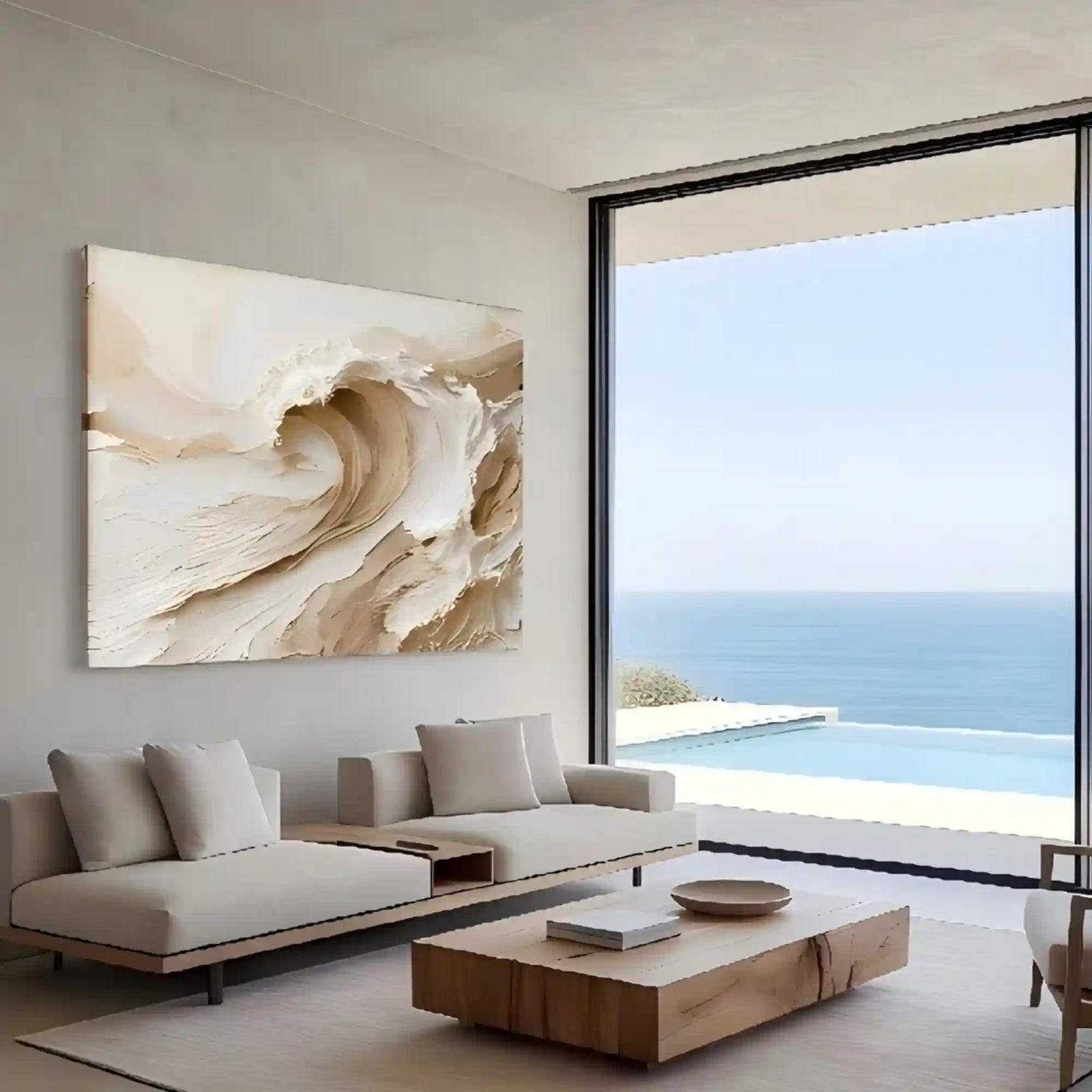 Cream Wave Textured Wall Art for Living Room, Sand Beige Wabi Sabi Abstract Seascape Painting