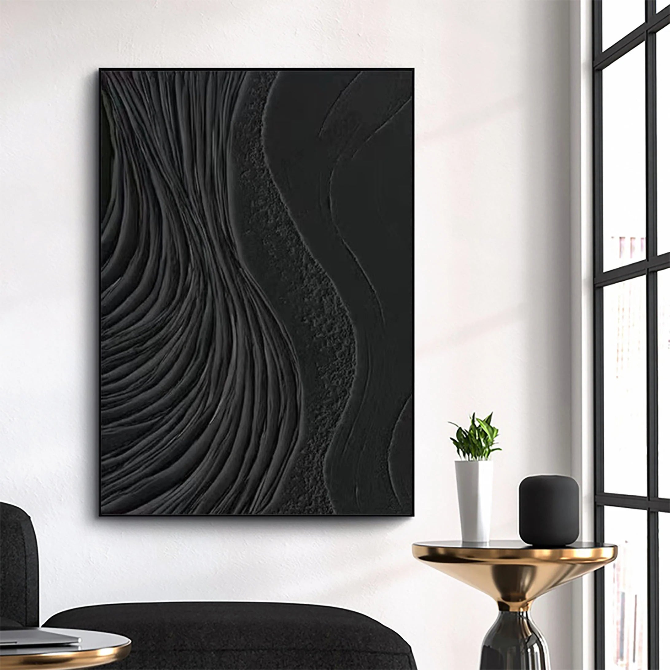 3D Textured Black Surf Minimalist Painting Modernism Wall Art For Living Room/Bedroom