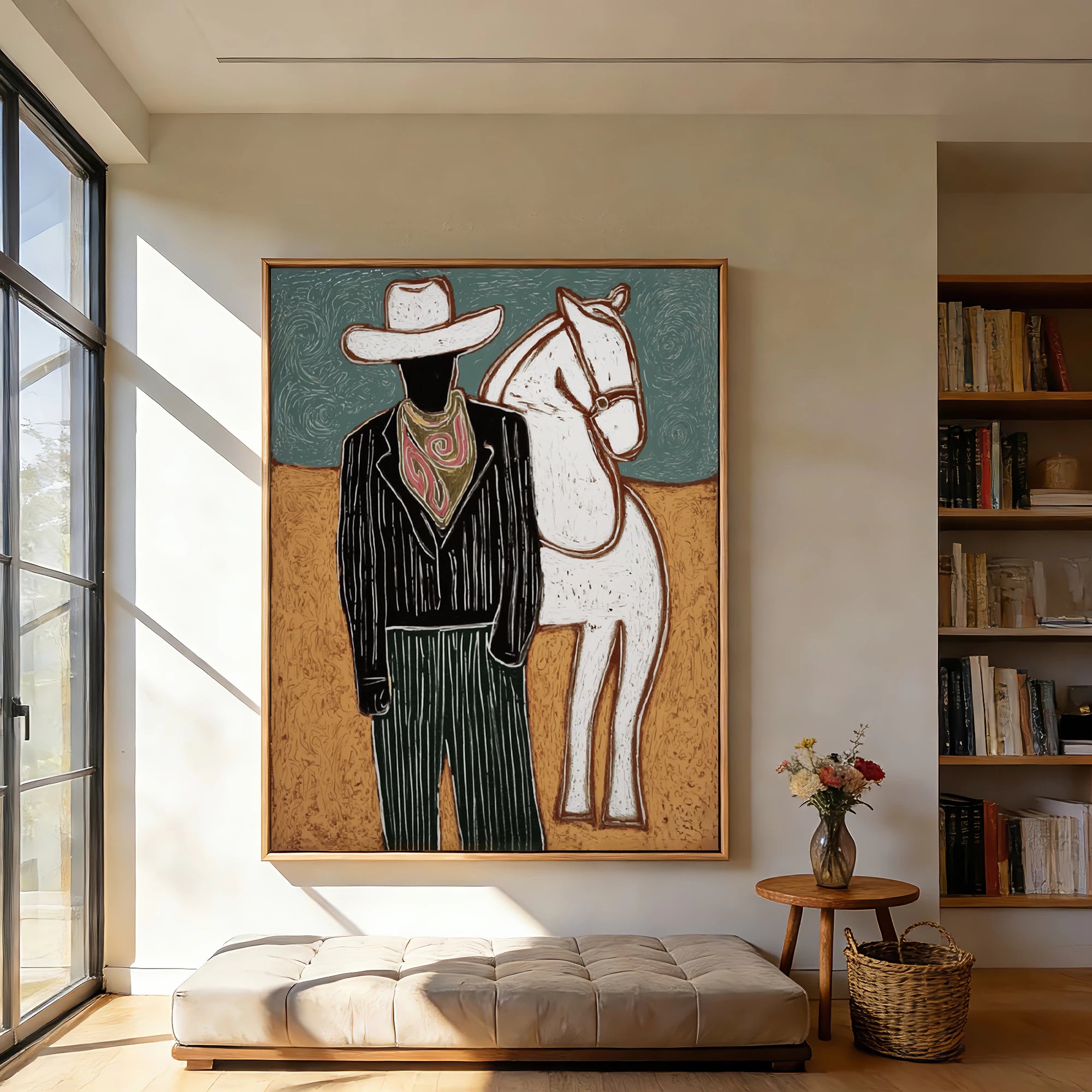 Modern Western Cowboy White Horse Oil Painting #AB188