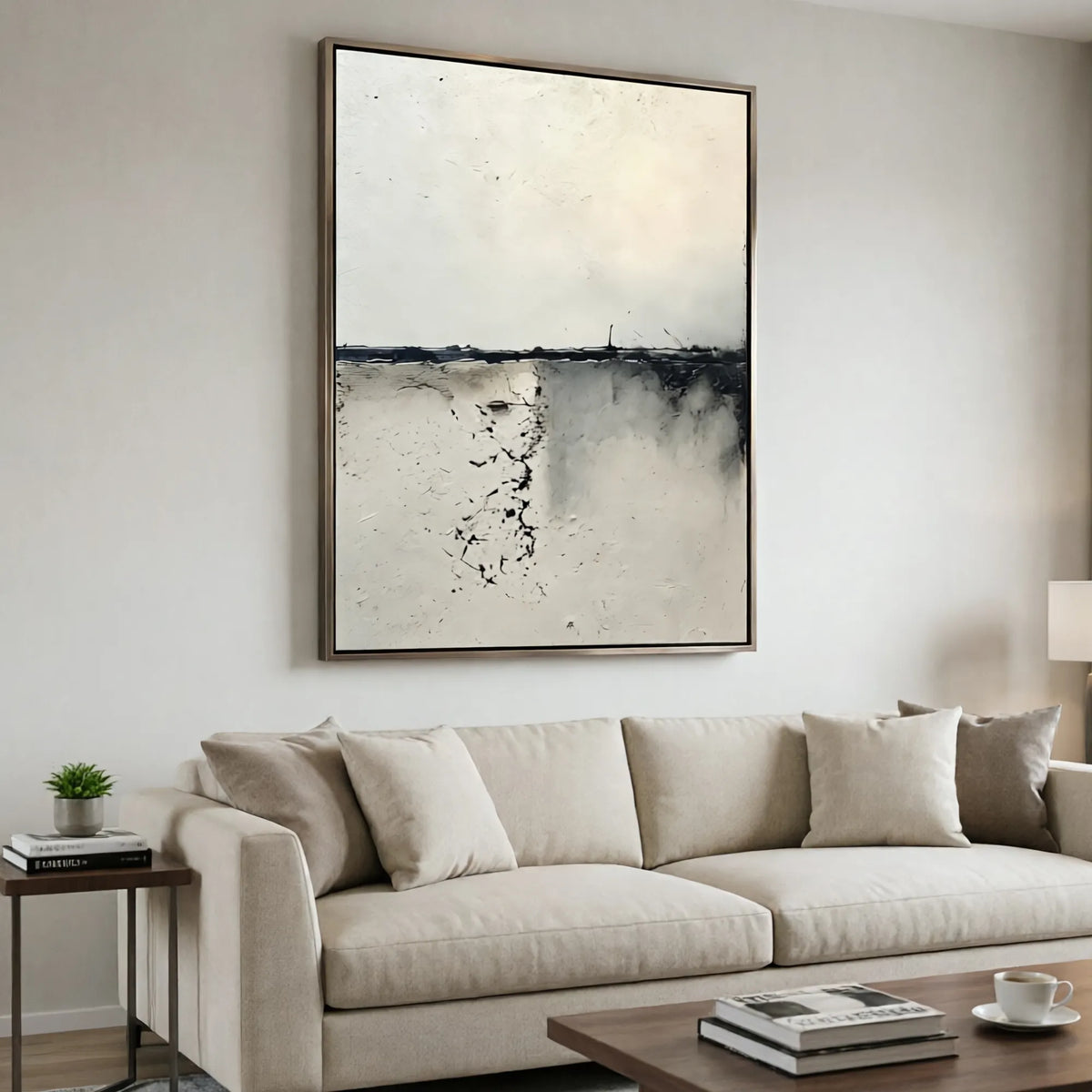 Ivory and Black Textured Abstract Wall Art for Modern Living Room #J3CQTDHF