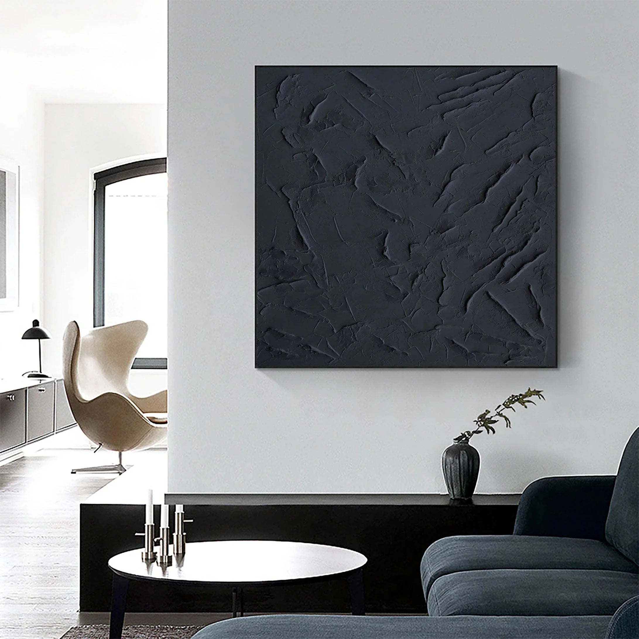 Black Textured Plaster Art Painting Minimalist Zen Wall Decor for Room