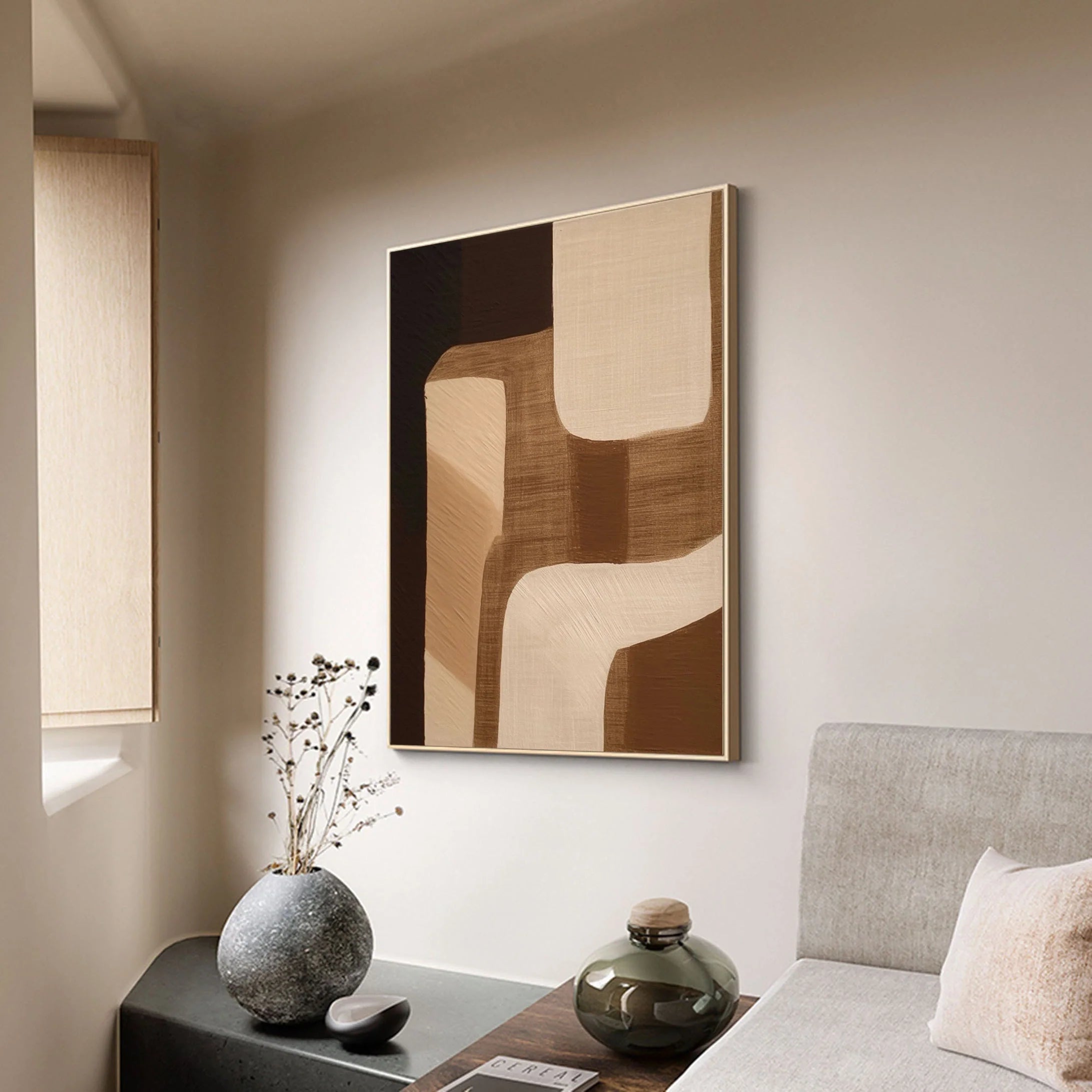 Eleanos Gallery Geometric Wabi Sabi Abstract Textured Painting, Tan and Brown Wall Artwork