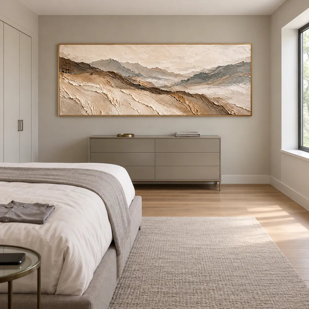 Beige Hand-Painted 3D Textured Oil Painting, Panoramic Mountain Valley #3H35H8YM