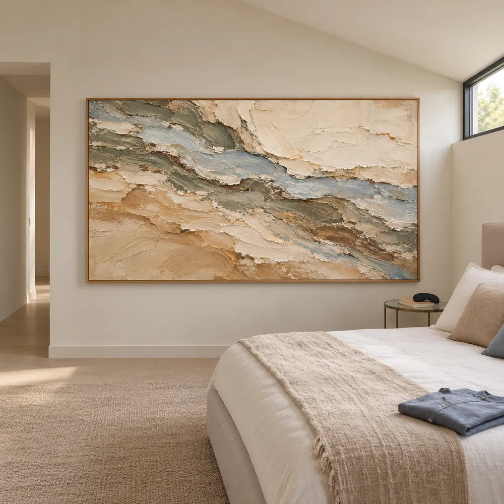 Beige Hand-Painted 3D Textured Oil Painting, Blue-Gray Diagonal Layers #S9SBK2RJ