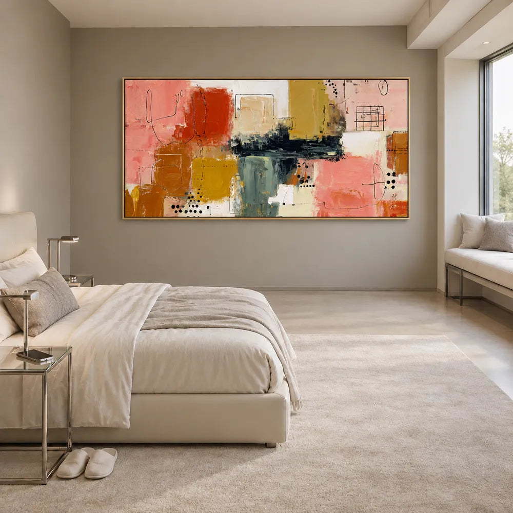 Pink and Ochre Hand-Painted Oil Painting, Graphic Color Block Abstract #7V43Y2LW