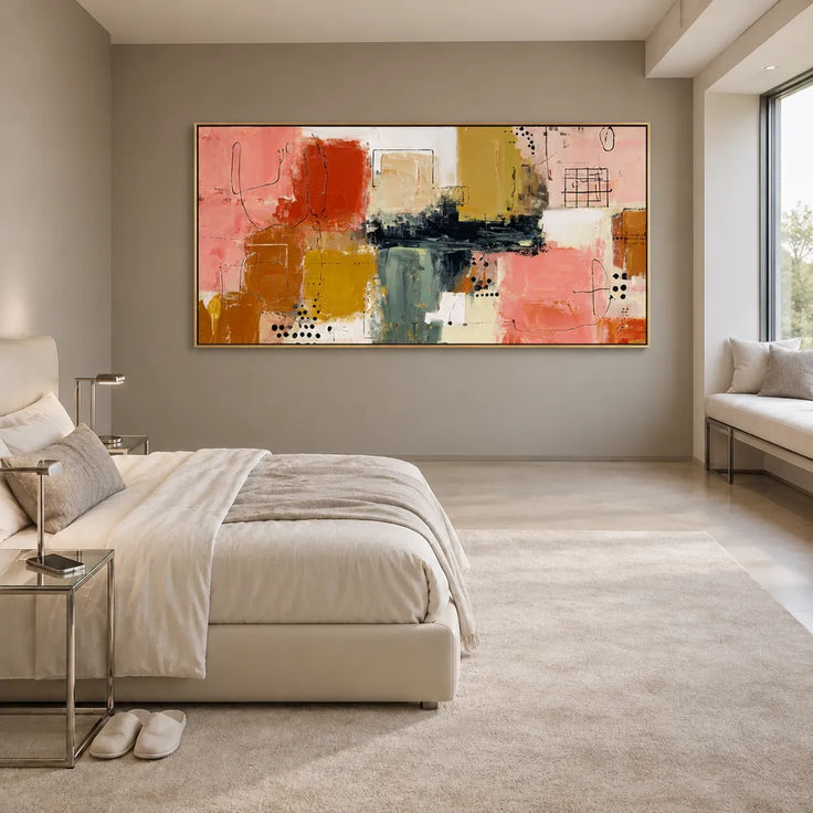 Pink and Ochre Hand-Painted Oil Painting, Graphic Color Block Abstract #7V43Y2LW