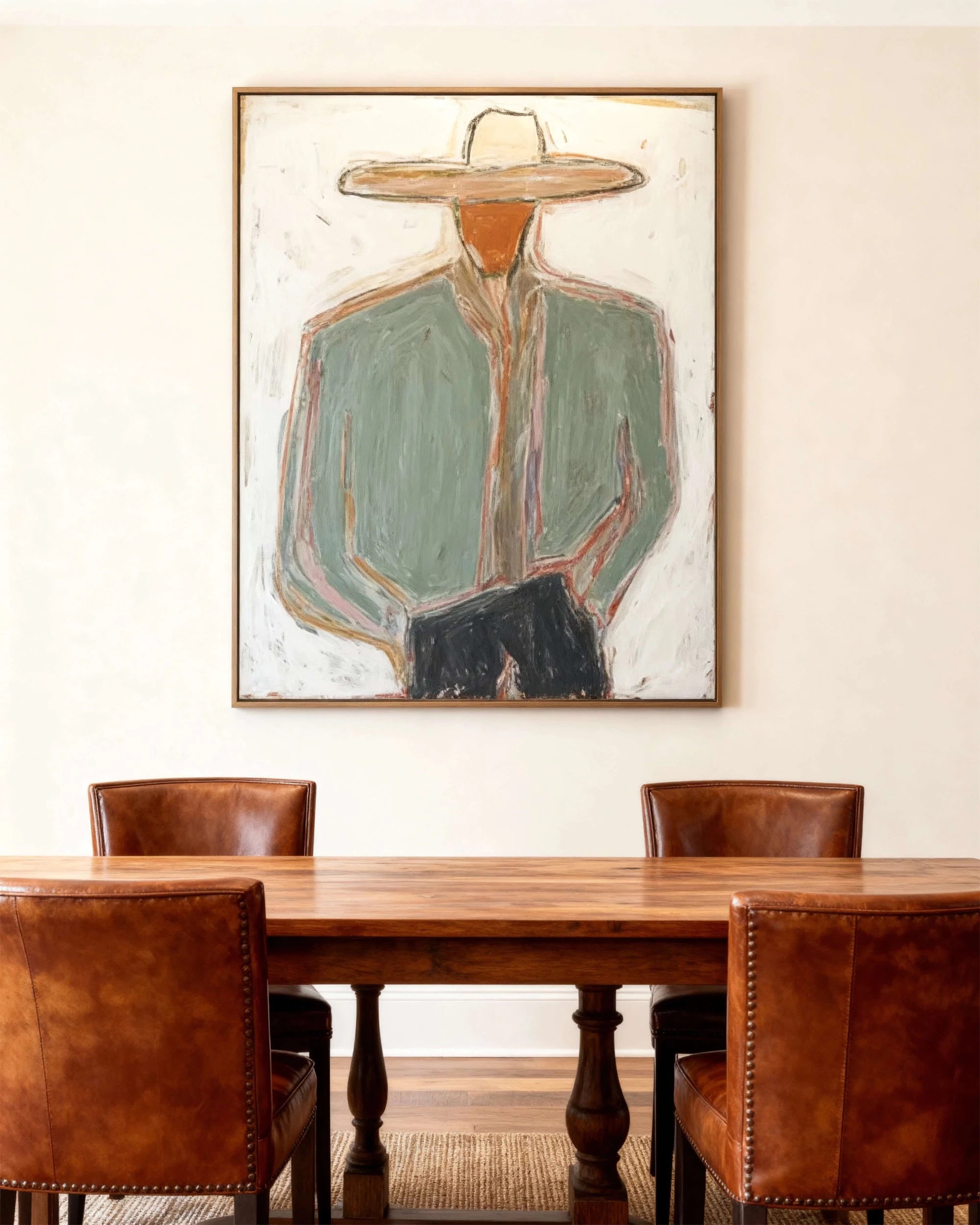 Abstract Cowboy Figure Oil Painting, Earthy Green Wall Art #AB140