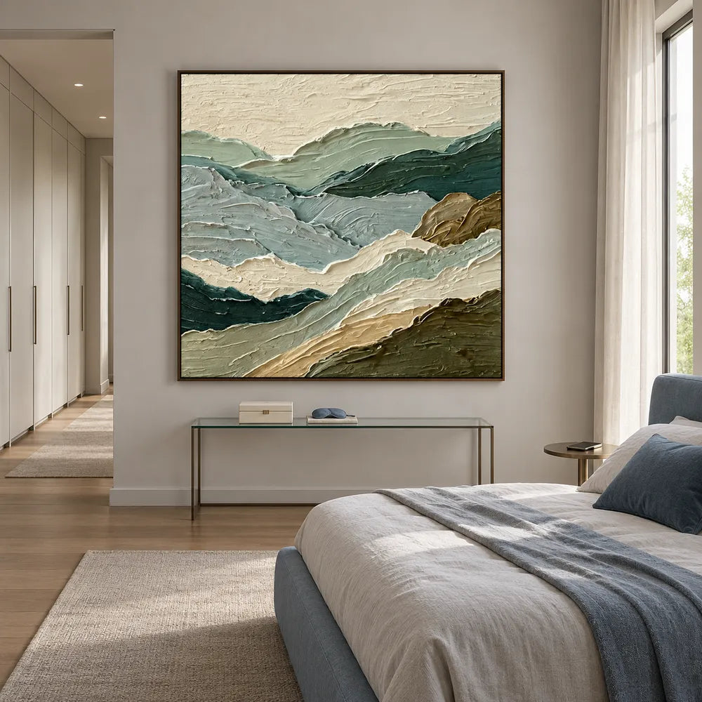 Sage Green Hand-Painted Oil Painting, Layered Mountain Landscape #PWVHIXYY