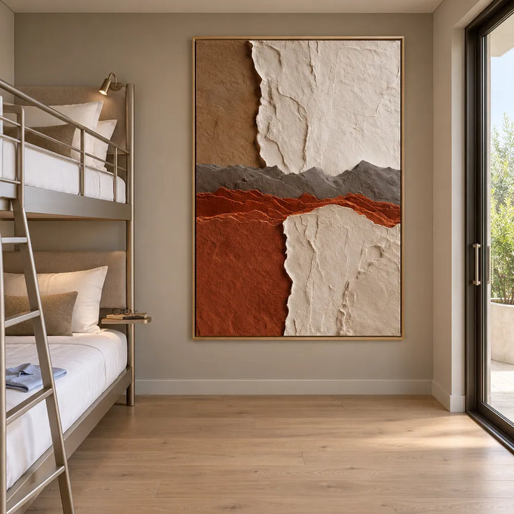 Ivory and Rust Hand-Painted 3D Textured Oil Painting, Layered Ridge Abstract #I8S5QRXD