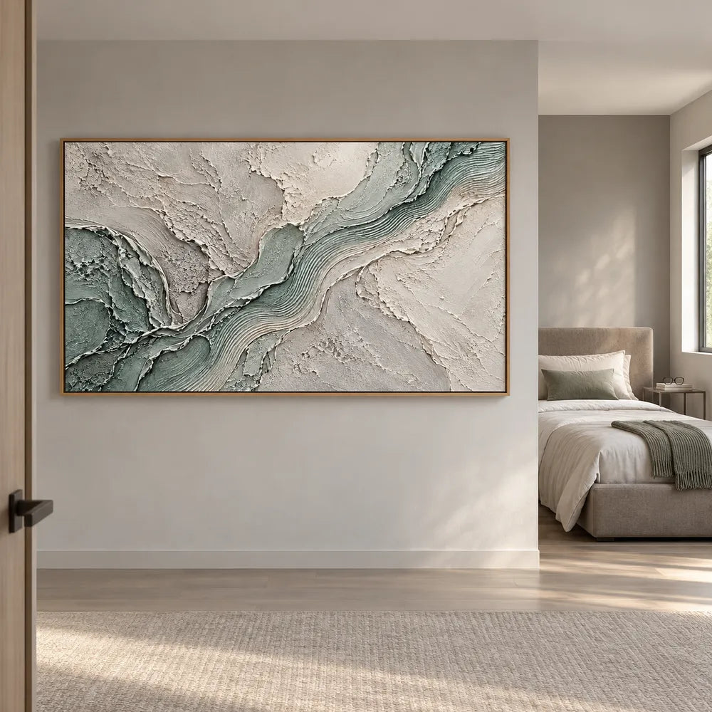Sage and White Hand-Painted 3D Textured Oil Painting, Flowing Ridges #4SLLXKNH
