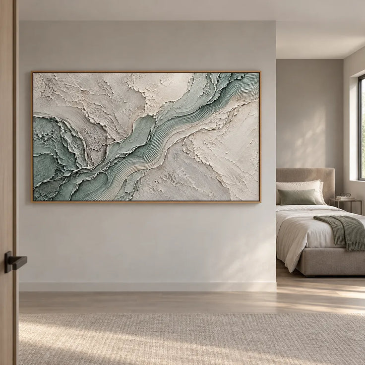 Sage and White Hand-Painted 3D Textured Oil Painting, Flowing Ridges #4SLLXKNH