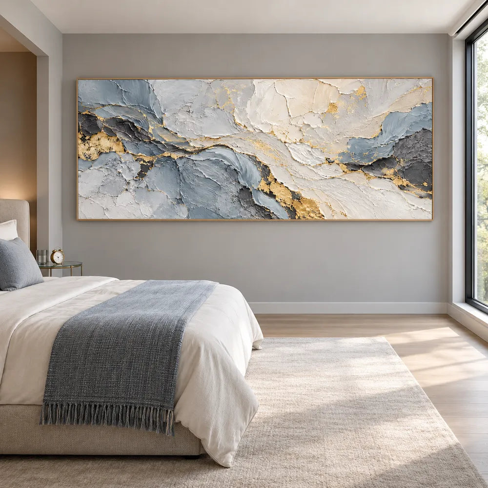 Gray Hand-Painted 3D Textured Oil Painting, Pale Layers with Gold Tones #LRQBCA6S